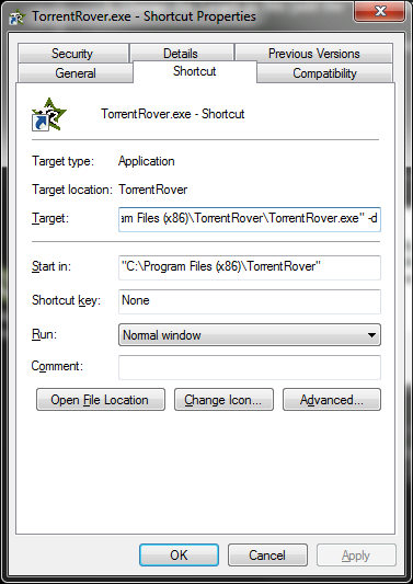 TorrentRover shortcut properties