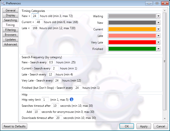 Preferences Timing Tab